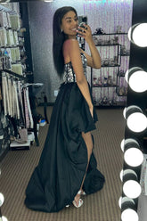 Black Prom Dress High Low Satin A Line Mirror Homecoming Dress